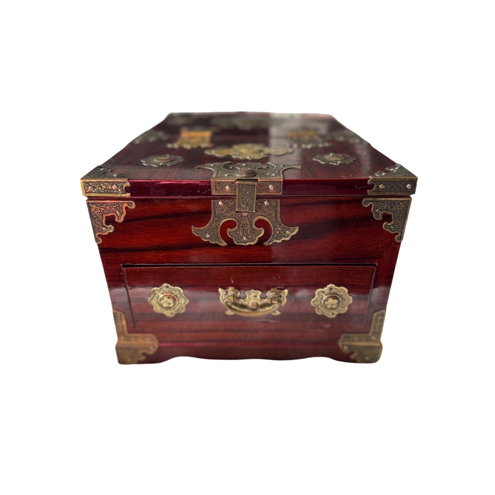 Vintage‎ Chinese Wood Jewelry Box Brass Butterfly Hardware Mirror Lacquer Chest